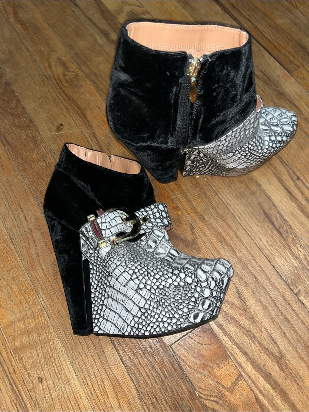 RARE 2010s early Christian Siriano velvet and snake print platform ankle boots